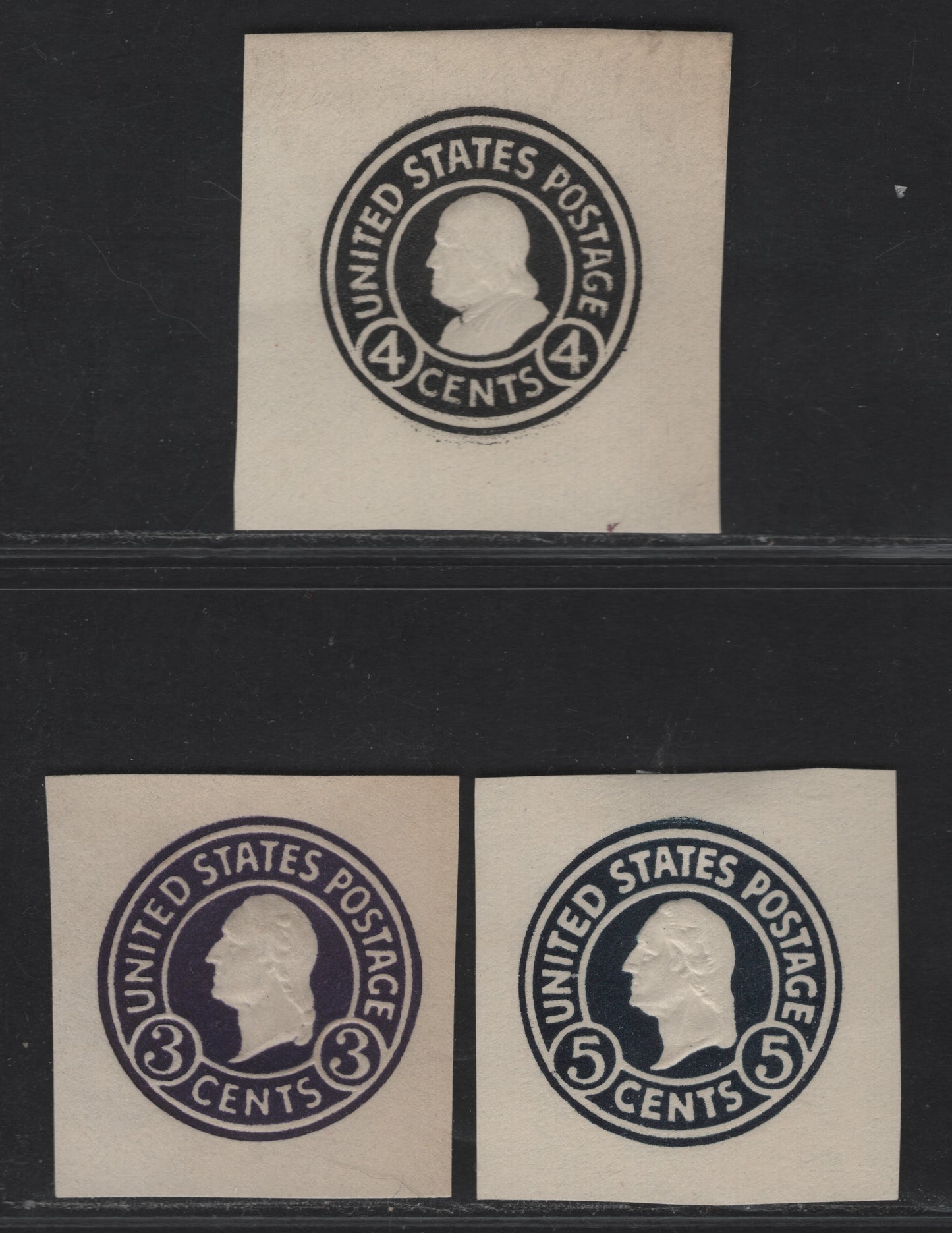 Lot 117 United States SC#U440, U443, U436d 4c - 5c Black -Dark Blue Washington, 1915-1932 Heads Issue,  Very Fine Unused Singles, 4c Black & 5c Dark Blue On White, Dark Violet Die 7 On White