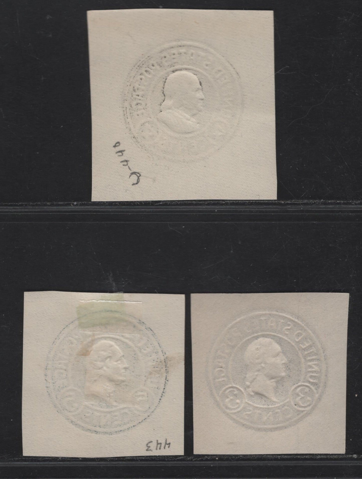 Lot 117 United States SC#U440, U443, U436d 4c - 5c Black -Dark Blue Washington, 1915-1932 Heads Issue,  Very Fine Unused Singles, 4c Black & 5c Dark Blue On White, Dark Violet Die 7 On White