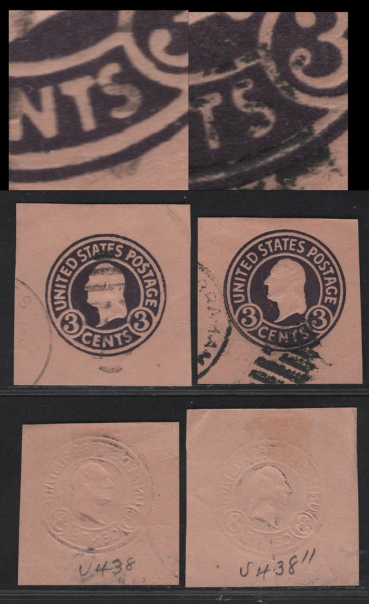 Lot 120 United States SC#U438a-b 3c Dark Violet Washington, 1915-1932 Heads Issue, 2 Fine/Very Fine Used Singles, Dies 5 & 6 On Oriental Buff