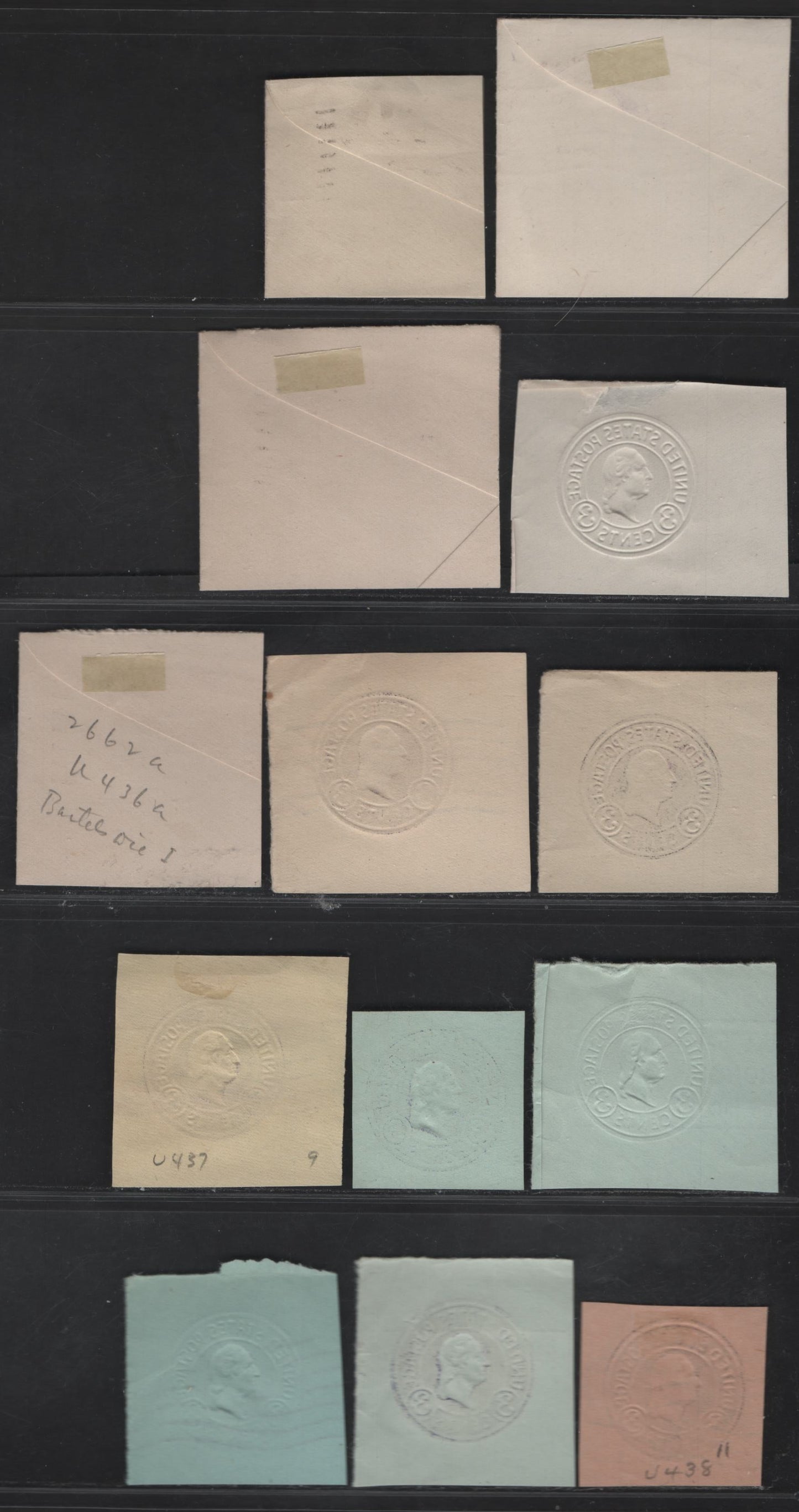 United States SC#U436b, U436c,f,e,d,a, U437a, U439,a,f 3c Dark Violet - Purple Washington, 1915-1932 Heads Issue,  Fine/Very Fine Used Singles, Various Papers & Dies