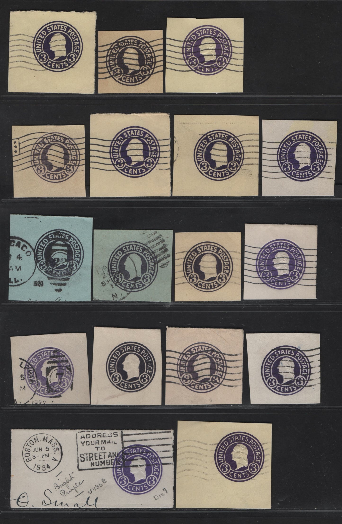 Lot 122 United States SC#U436,b,c,e,d,a, U437c,b,f,a, U439-a 3c Dark Violet - Purple Washington, 1915-1932 Heads Issue,  Very Fine Used Singles, Various Papers & Dies
