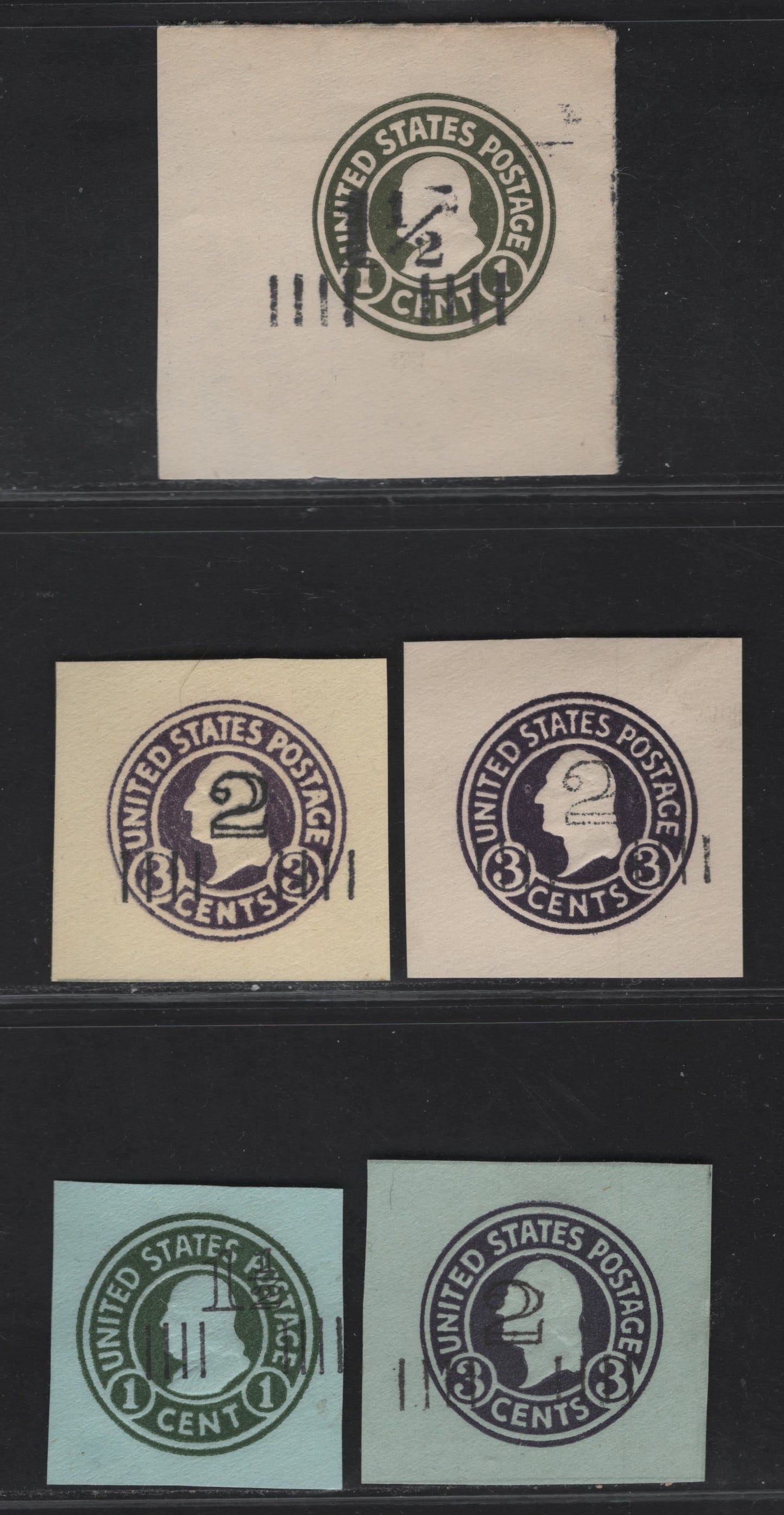 Lot 124 United States SC#U458b, U459a, U461, U495, U518 1.5c on 1c - 2c on 3c Green - Dark Violet Washington, 1920-1921 Surcharge Issue,  Very Fine Used Singles, Various Papers & Dies