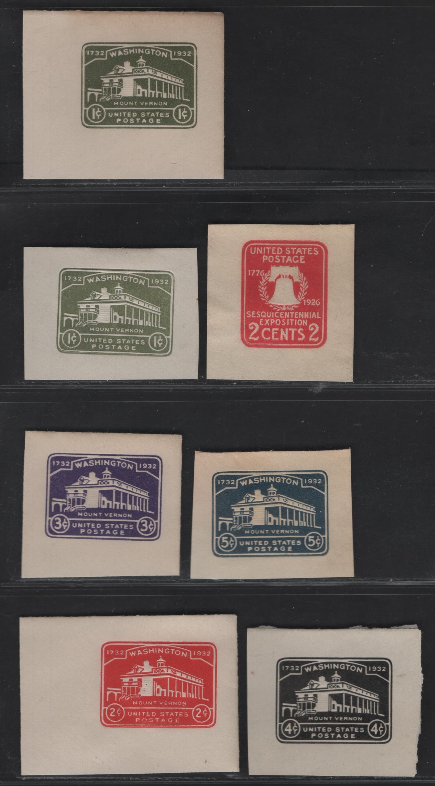 Lot 126 United States SC#U522-U523, U525-U528 2c - 5c Carmine - Dark Blue Liberty Bell - Washington, 1926-1932 Sesquicentennial - Washington Bicentennial issues,  Very Fine Unused Singles, 2c Carmine Is Die 1