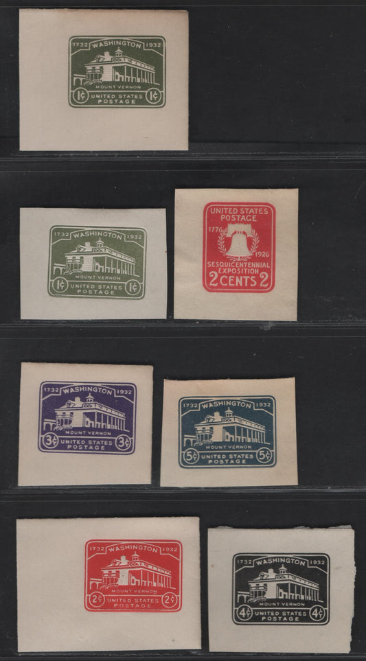 Lot 126 United States SC#U522-U523, U525-U528 2c - 5c Carmine - Dark Blue Liberty Bell - Washington, 1926-1932 Sesquicentennial - Washington Bicentennial issues,  Very Fine Unused Singles, 2c Carmine Is Die 1