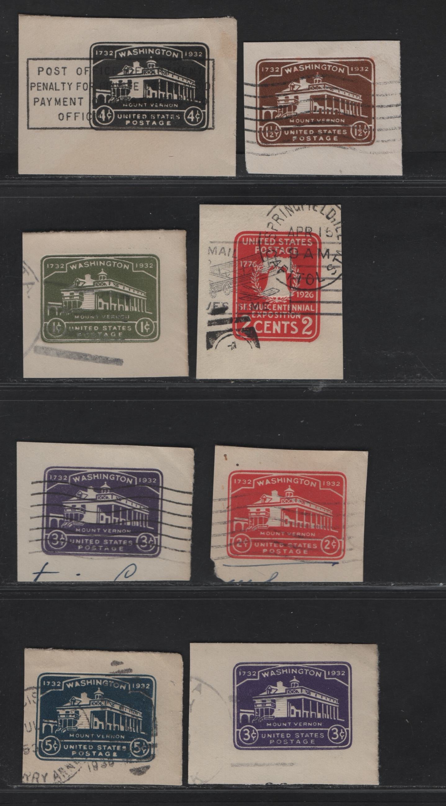 Lot 127 United States SC#U522-U528 2c - 5c Carmine - Dark Blue Liberty Bell - Washington, 1926-1932 Sesquicentennial - Washington Bicentennial issues,  Very Fine Used Singles