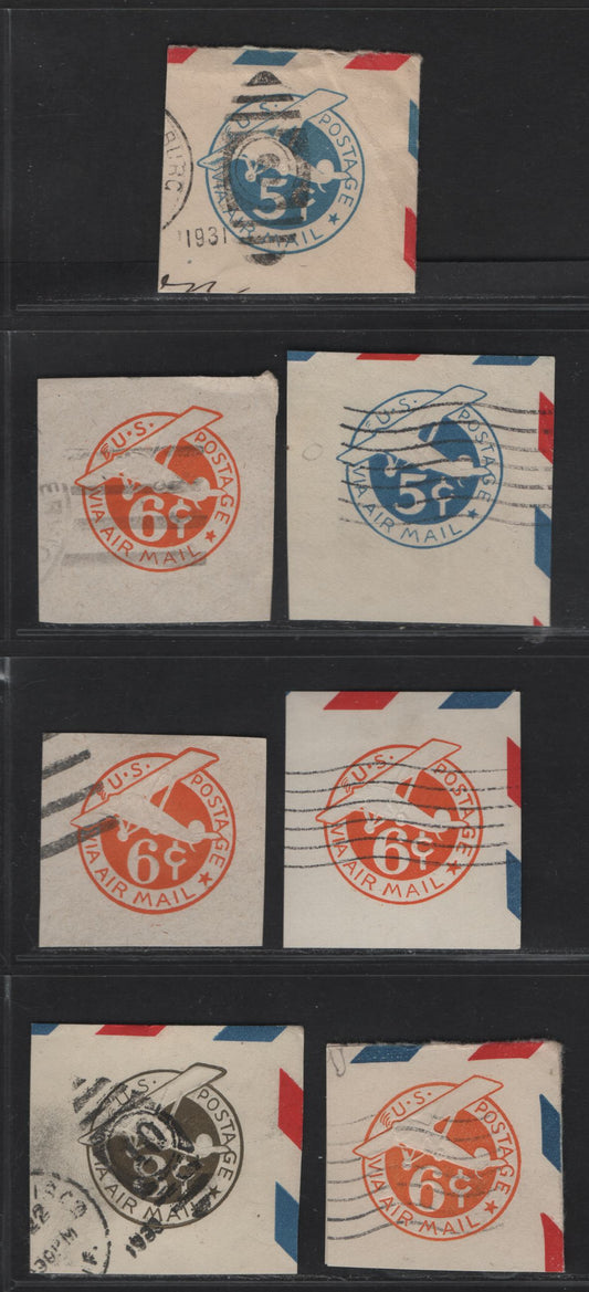 United States SC#UC1-IC7 5c - 8c Blue - Olive Green Airplane, 1929-1944 Airmail Issue,  Very Fine Used Singles, 5c Blue Dies 1-2, 6c Orange Dies 2a-3c