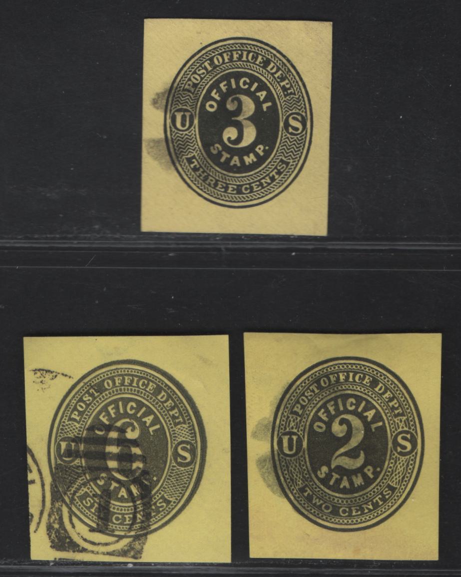 Lot 130 United States SC#U02, U07, U012 6c Black Official, 1873-1879 Official Issues,  Very Fine Used Singles, Lemon Paper, 3 Is 9mm High, 2 is 9.25mm High, 6 is 10.5mm High