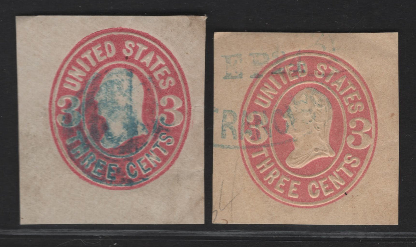 Lot 13 United States SC#U58-U59 3c Pink Washington, 1864-1865 Fifth Nesbitt Issue, 2 Very Fine Used Singles, White & Buff Papers