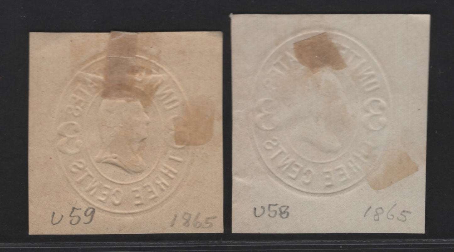 Lot 13 United States SC#U58-U59 3c Pink Washington, 1864-1865 Fifth Nesbitt Issue, 2 Very Fine Used Singles, White & Buff Papers