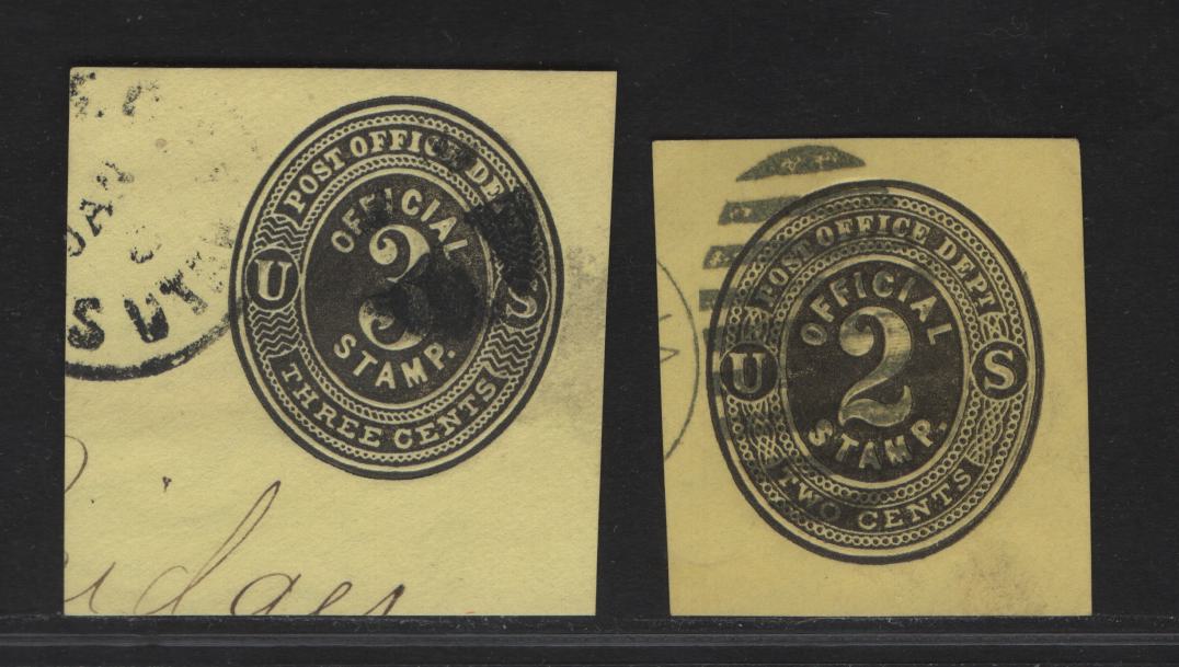 United States SC#U05, U07 3c Black Official, 1874-1879 Official Issues,  Very Fine Used Singles, Lemon Paper, 9.25mm Tall Numerals