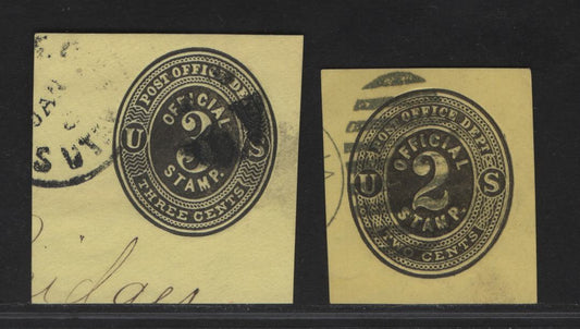 Lot 131 United States SC#U05, U07 3c Black Official, 1874-1879 Official Issues,  Very Fine Used Singles, Lemon Paper, 9.25mm Tall Numerals