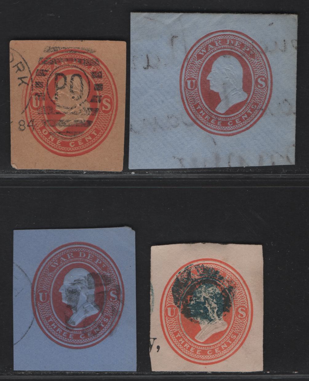 Lot 133 United States SC#W046, U053, U054 1c & 3c Red & Rose Franklin, 1875 Plimpton Official Issue,  Fine/Very Fine Used Singles, 1c Red On Manilla, 3c Rose On Cream, 3c Red On Blue