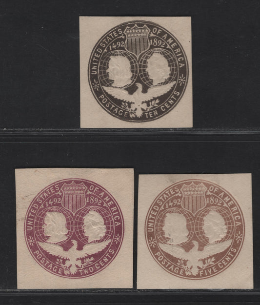 Lot 135 United States Of America SC#U349-U351 2c, 5c, 10c Violet, Brown & Slate Brown Columbus, Liberty & Eagle, 1893 Columbian Exposition Issue, 3 VF Cut Squares