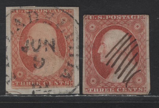 Lot 138 (C) United States Of America SC#11A 3c Dull Red & Rose Red George Washington, 1851-1857 Imperf Toppan Carpenter Issue, 2 VG Used Singles Type II