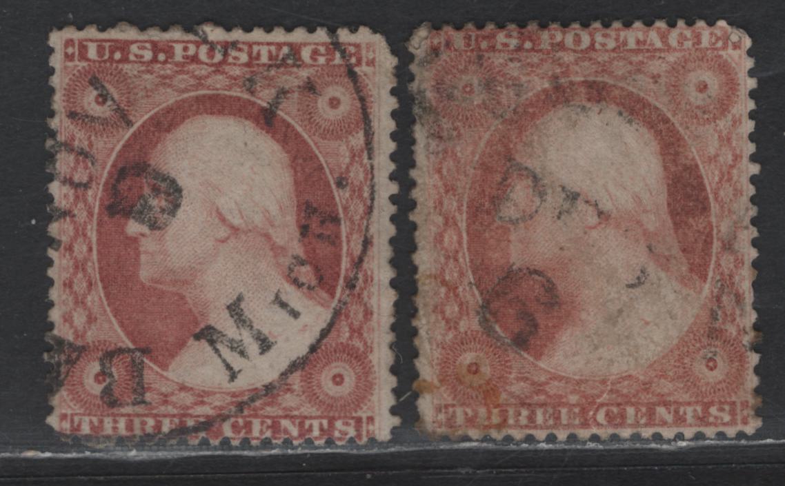 Lot 143 United States Of America SC#25-26 3c Dull Red George Washington, 1857-1861 Perforated Toppan Carpenter Issue, 2 Fine Used Singles Types I & III