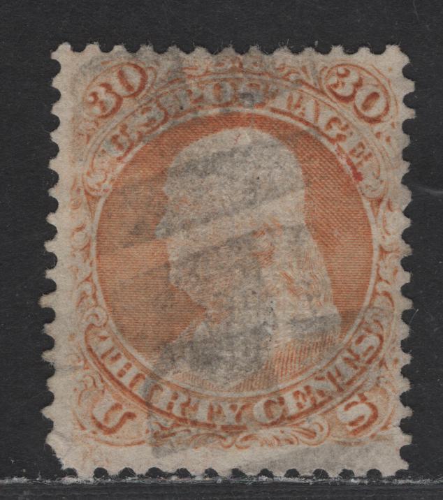 Lot 154 (C) United States Of America SC#100 30c Orange Benjamin Franklin, 1861-1869 Civil War Issue, A VG Used Single With "F" Grill, Repaired Tear At Top, Scarce Stamp