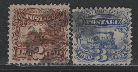 Lot 160 United States Of America SC#113-114 2c & 3c Brown & Ultramarine Post Horse & Rider And Locomotive, 1869 Pictorial Issue, 2 VF Used Singles