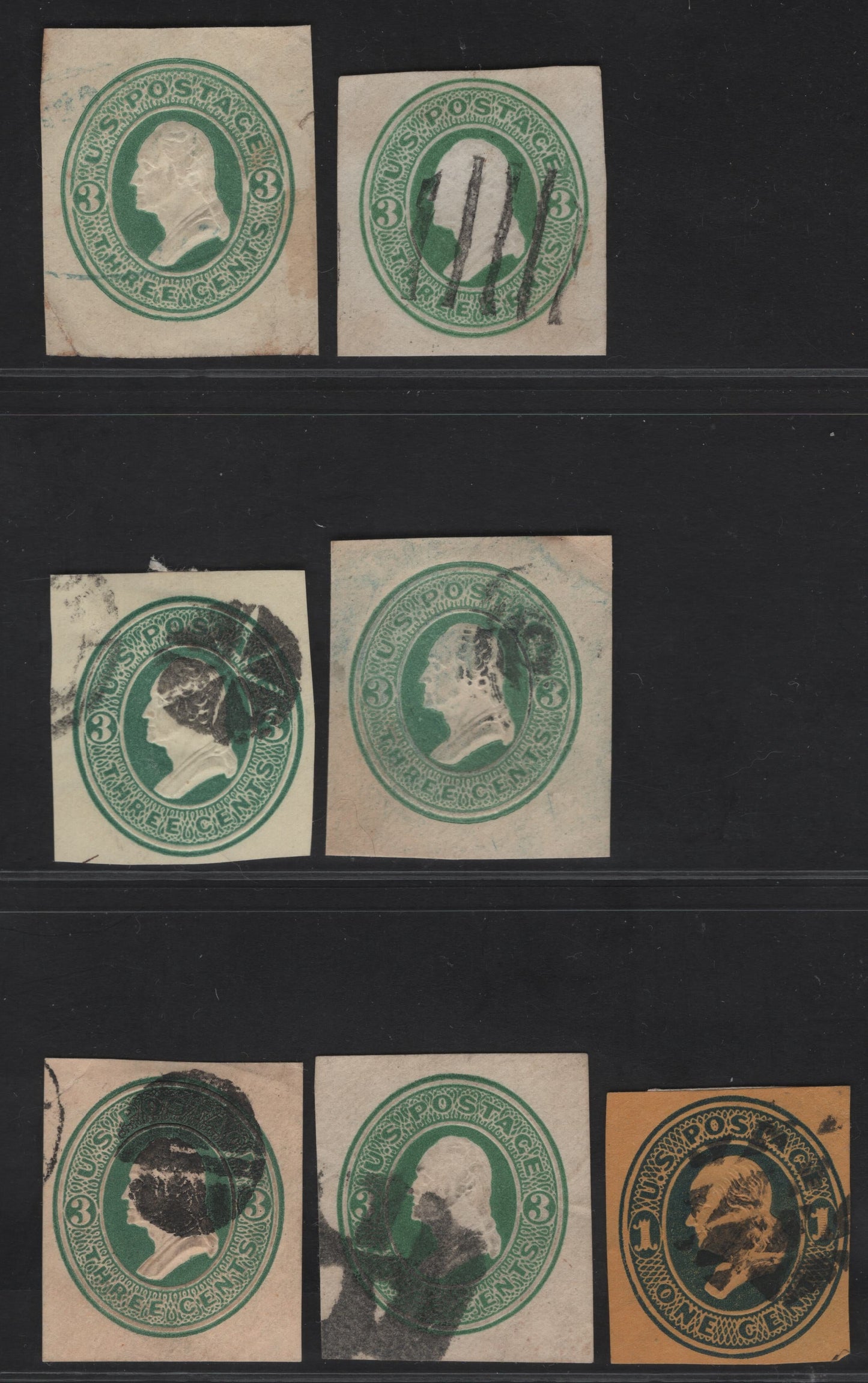 Lot 16 United States SC#U76, U82-U84 1c & 3c Dark Blue & Green Franklin - Washington, 1870-1871 Sixth Nesbitt Issue, 4 Fine Used Singles, Orange, White, Amber & Cream Papers
