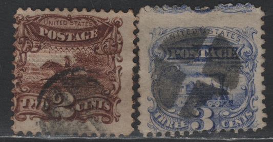 Lot 161 (C) United States Of America SC#113-114 2c & 3c Brown & Ultramarine Post Horse & Rider And Locomotive, 1869 Pictorial Issue, 2 VG Used Singles