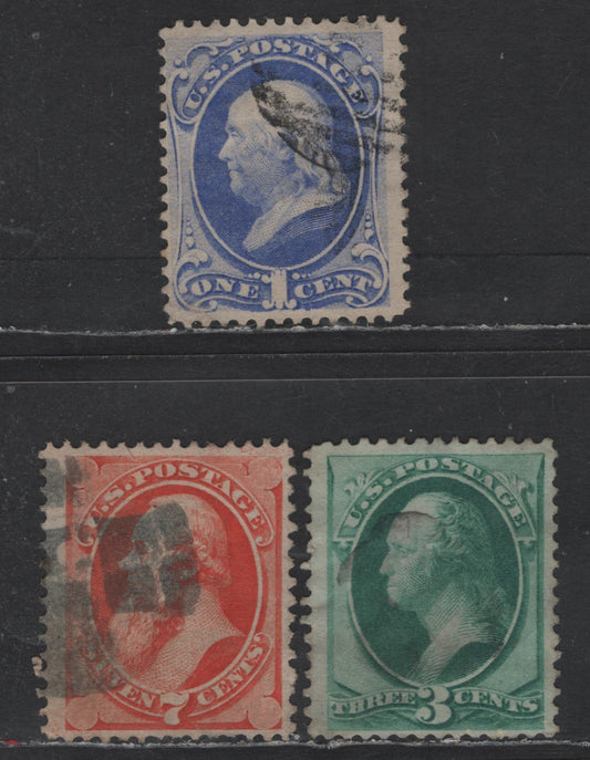 Lot 169 (C) United States Of America SC#145, 147, 149 1c, 3c, 7c Ultramarine, Green & Vermilion Franklin, Washington & Stanton, 1870-1871 National Bank Note Large Banknote Issue, 3 Fine Used Singles