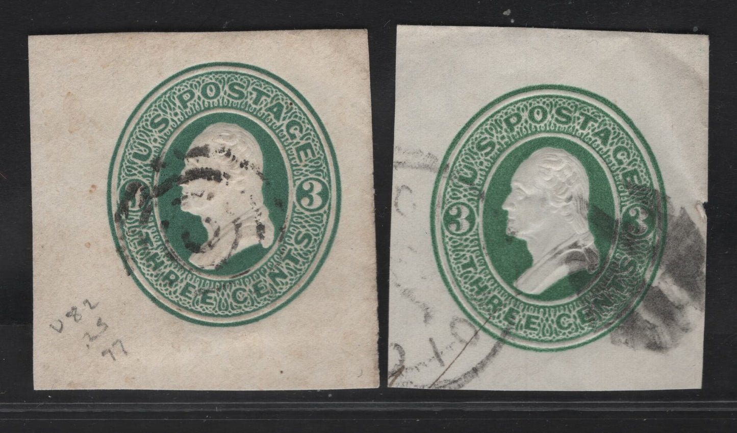 Lot 17 United States SC#U82 3c Green Washington, 1870-1871 Sixth Nesbitt Issue, 2 Very Fine Used Singles, White Wove & Diagonal Laid Papers