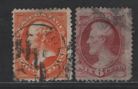 Lot 171 (C) United States Of America SC#148, 152 6c, 15c Carmine & Bright Orange Lincoln & Webster, 1870-1871 National Bank Note Large Banknote Issue, 2 Fair & Fine Used Singles Small Corner Crease On 6c