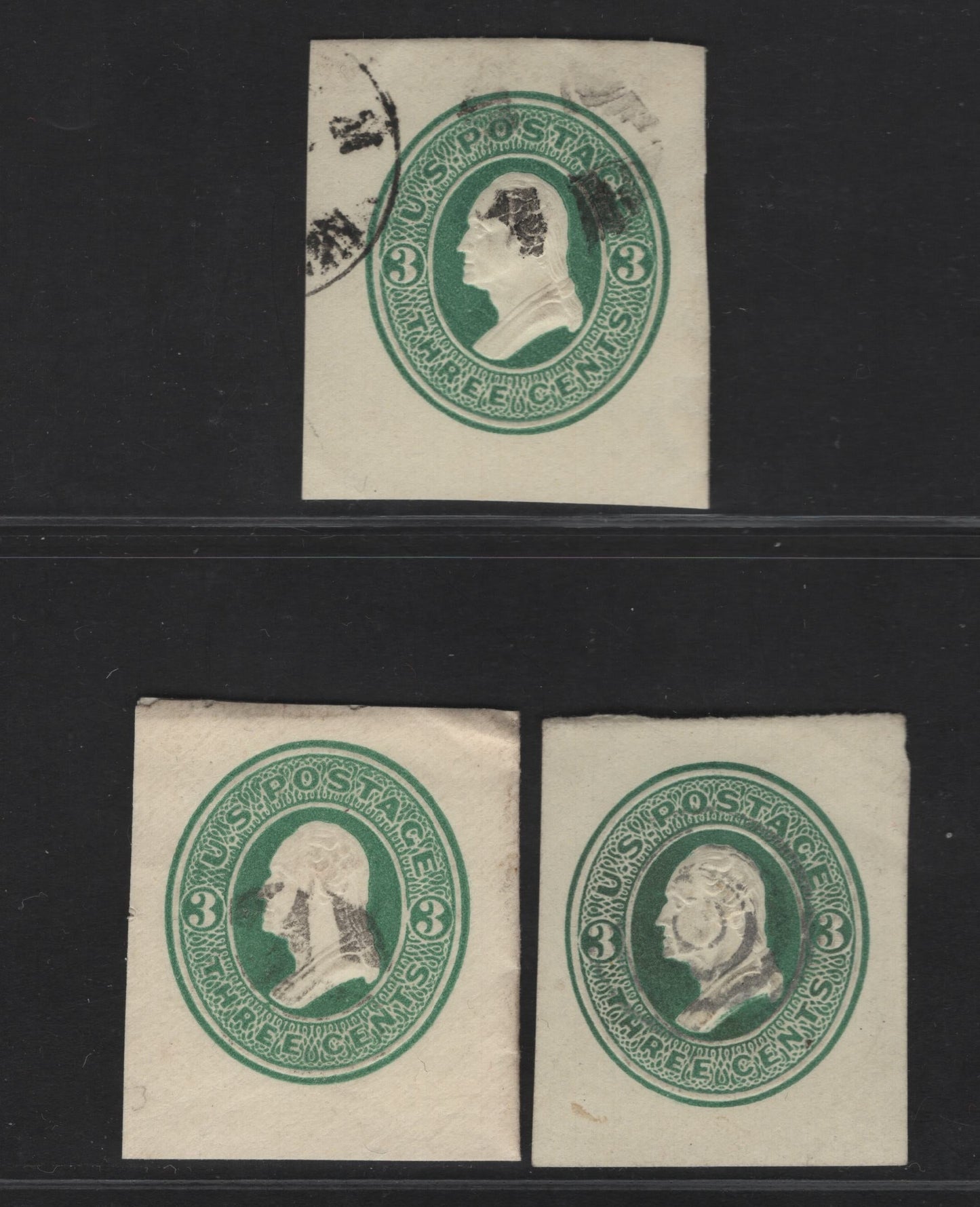 Lot 18 United States SC#U83 3c Green Washington, 1870-1871 Sixth Nesbitt Issue, 3 Very Fine Used Singles, Amber Paper