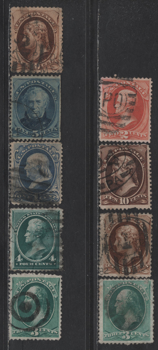 Lot 185 (C) United States Of America SC#182-185, 187, 209, 211 1c-10c Ultramarine - Brown Franklin - Jefferson, 1879-1882 American Bank Note Large Banknote Issue, 8 Fair, VG & Fine Used Singles Most With Small Faults Like Creases, Thins & Pulled Perfs