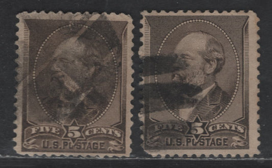 United States Of America SC#205 5c Brown & Grey Brown James Garfield, 1879-1882 American Bank Note Large Banknote Issue, 2 Fine Used Singles