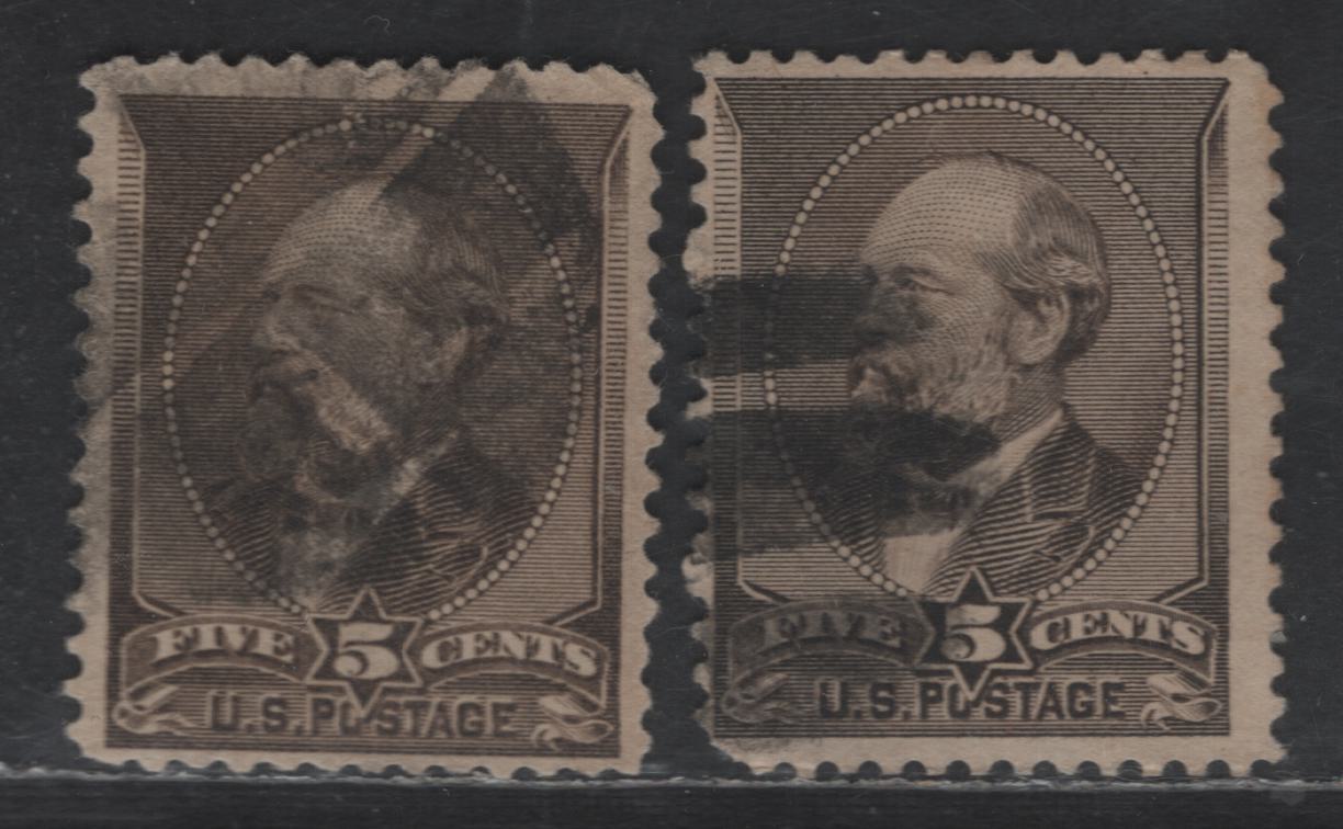 Lot 191 United States Of America SC#205 5c Brown & Grey Brown James Garfield, 1879-1882 American Bank Note Large Banknote Issue, 2 Fine Used Singles