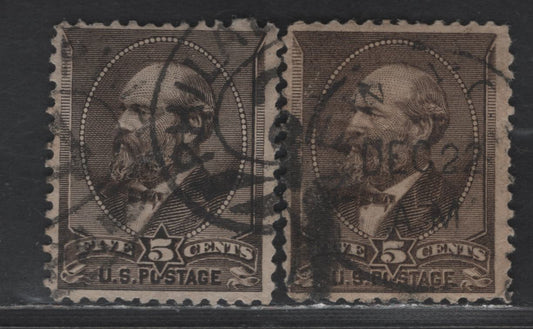 Lot 192 (C) United States Of America SC#205 5c Brown & Grey Brown James Garfield, 1879-1882 American Bank Note Large Banknote Issue, 2 VG & Fine Used Singles