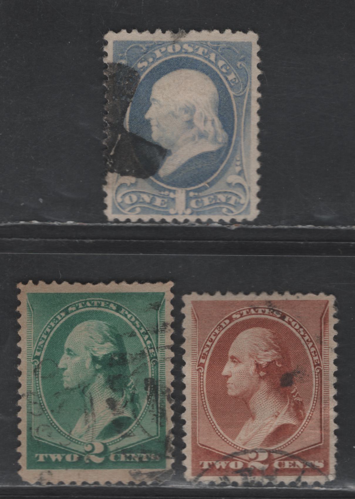 Lot 193 (C) United States Of America SC#206, 210, 213 1c-2c Grey Blue, Red Brown & Green Franklin & Washington, 1881-1883 Re-Engraved & New Design Large Banknote Issue, 3 Fine & VF Used Singles Light Internal Crease On 2c Brown