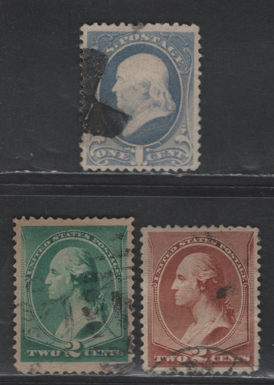 Lot 193 (C) United States Of America SC#206, 210, 213 1c-2c Grey Blue, Red Brown & Green Franklin & Washington, 1881-1883 Re-Engraved & New Design Large Banknote Issue, 3 Fine & VF Used Singles Light Internal Crease On 2c Brown