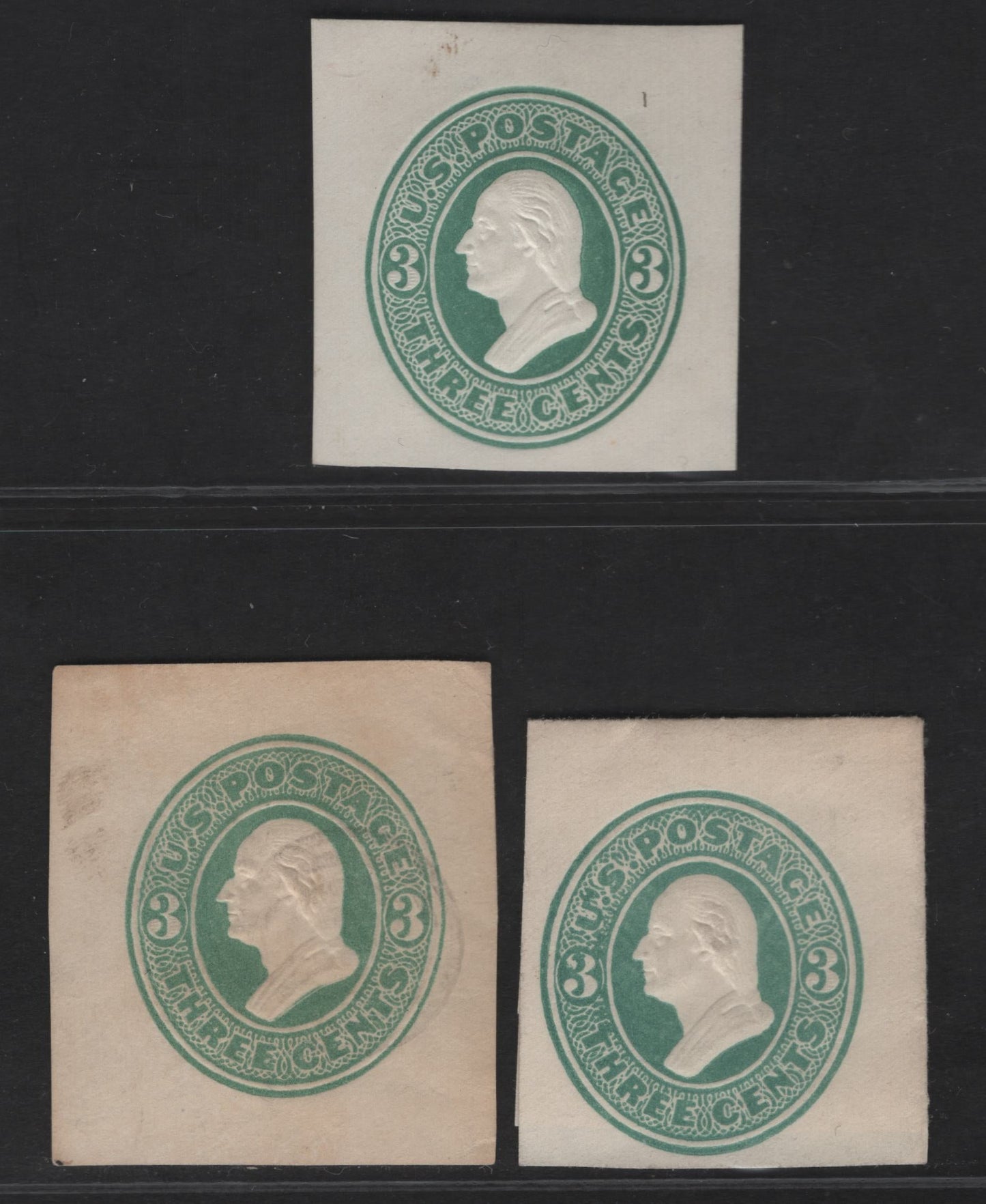 Lot 20 United States SC#U163, U165 3c Green Washington, 1874-1886 Seventh Nesbitt Issue, 3 Fine/Very Fine Used Singles, White & Cream Papers
