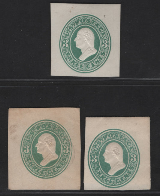 Lot 20 United States SC#U163, U165 3c Green Washington, 1874-1886 Seventh Nesbitt Issue, 3 Fine/Very Fine Used Singles, White & Cream Papers