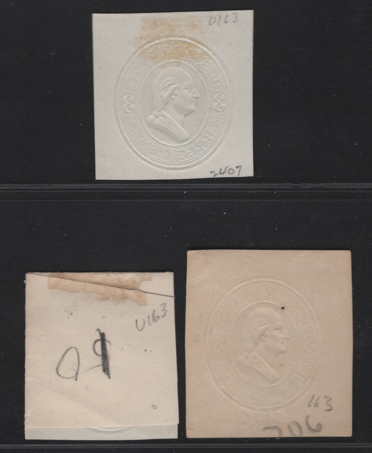 Lot 20 United States SC#U163, U165 3c Green Washington, 1874-1886 Seventh Nesbitt Issue, 3 Fine/Very Fine Used Singles, White & Cream Papers