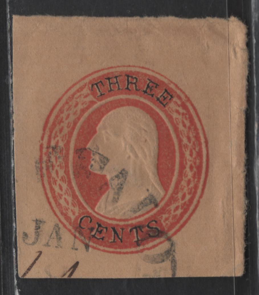 Lot 2 United States SC#U2 3c Red Washington, 1853-1855 Nesbitt Issue, A Very Fine Used Single, Buff Paper, Letters Drawn In In Pen, 13mm Wide Lavel Curved Ends