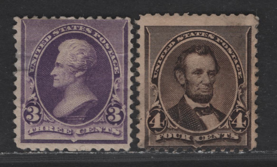 Lot 206 United States Of America SC#221-222 3c-4c Purple & Black Brown Jackson & Lincoln, 1890-1893 Small Banknote Issue, 2 Good & VGOG Singles Severe Thin On 3c