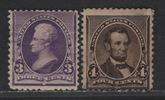 Lot 206 United States Of America SC#221-222 3c-4c Purple & Black Brown Jackson & Lincoln, 1890-1893 Small Banknote Issue, 2 Good & VGOG Singles Severe Thin On 3c