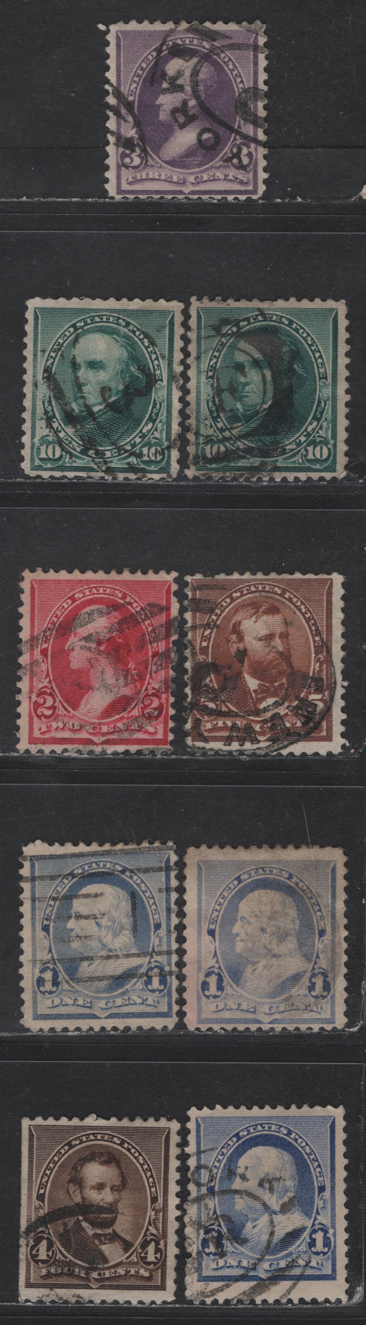 Lot 210 (C) United States Of America SC#219, 220-223, 226 1c-10c Dull Blue - Blue Green Franklin - Webster, 1890-1893 Small Banknote Issue, 9 Fine Used Singles Including Two Shades Of The 10c