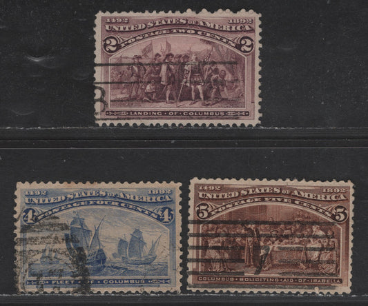 Lot 214 (C) United States Of America SC#231, 233-234 2c, 4c, 5c Brown Violet, Ultramarine & Chocolate Landing Of Columbus, Fleet & Soliciting Aid, 1893 Columbian Exposition Issue, 3 VF Used Singles