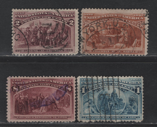 Lot 216 (C) United States Of America SC#230-231, 236, 239 1c, 2c, 8c, 30c Deep Blue - Orange Brown  Columbus Sighting Land - At La Rabidida, 1893 Columbian Exposition Issue, 4 Fine Used Singles