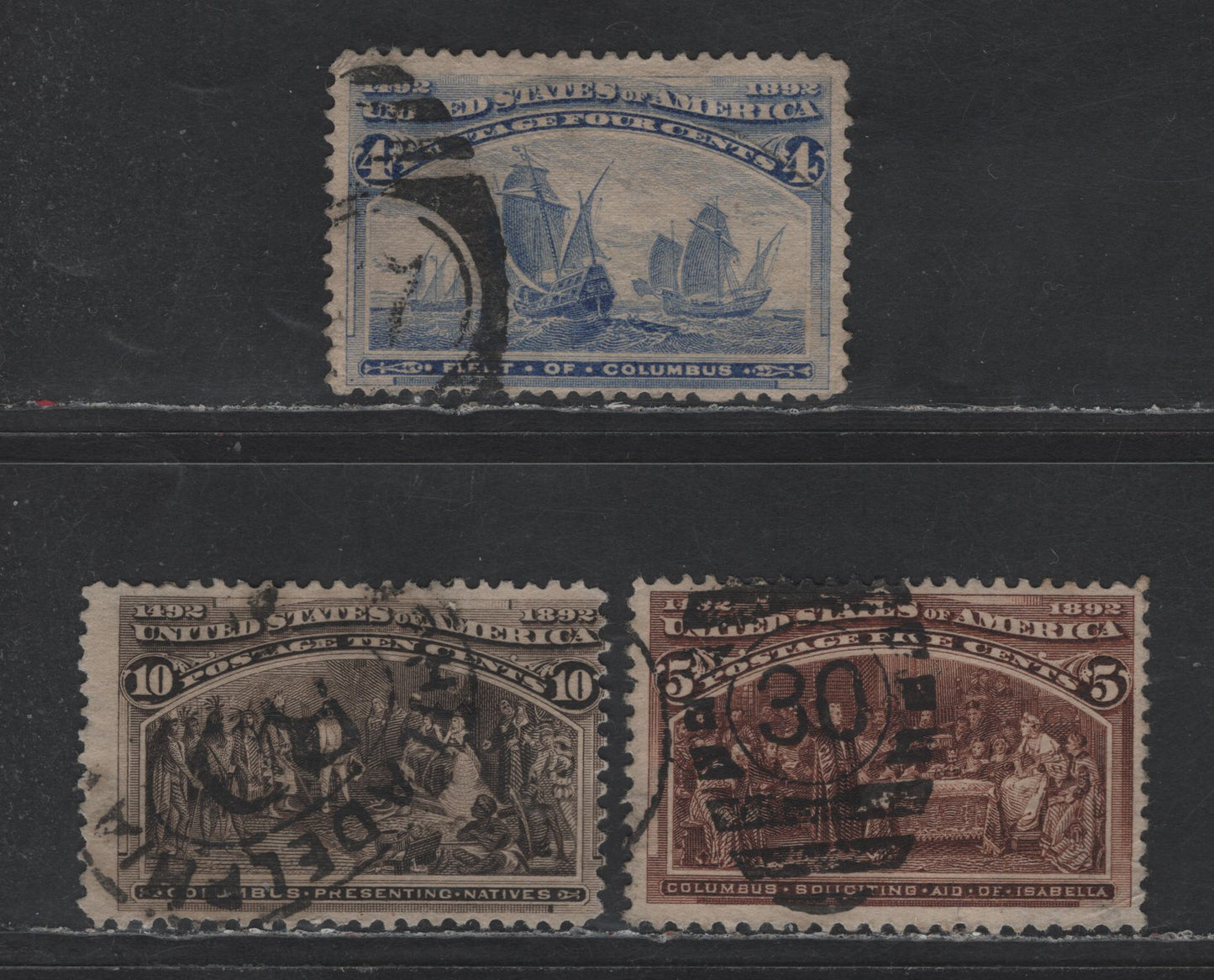 Lot 217 (C) United States Of America SC#233-234, 237 4c-5c, 10c Ultramarine, Chocolate & Black Brown Fleet Of Columbus - Presenting Natives, 1893 Columbian Exposition Issue, 3 VG Used Singles Shallow Thin On The 4c & Corner Crease On 5c