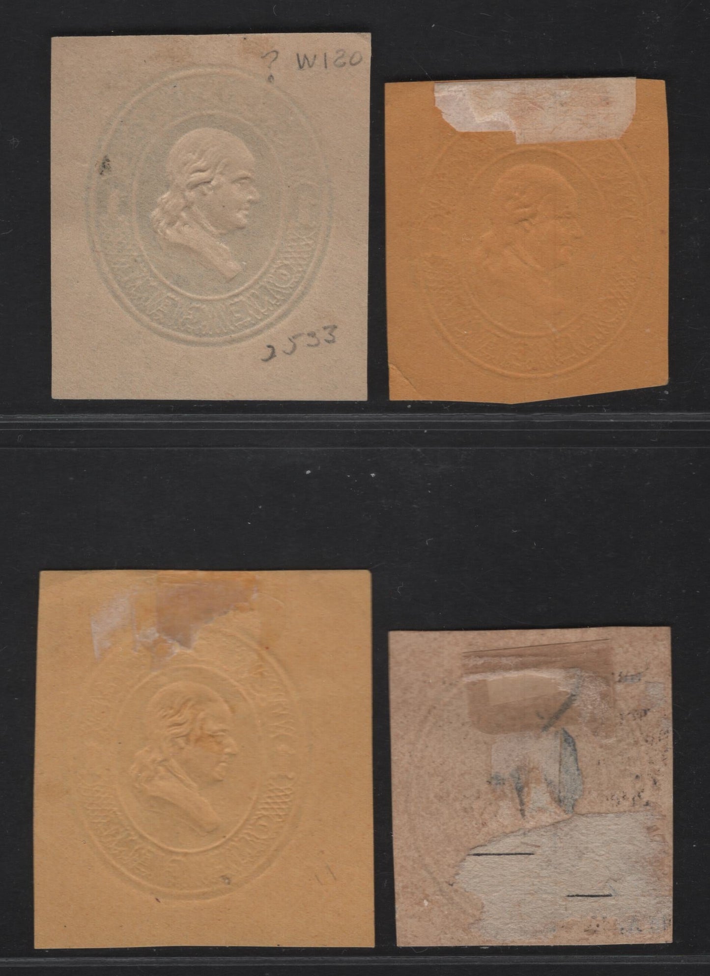 Lot 22 United States SC#U115-U116, U119 1c Blue & Light Blue Washington, 1874-1886 Seventh Nesbitt Issue, 4 Fine/Very Fine Unused Singles, Cream, Orange & Manila Papers