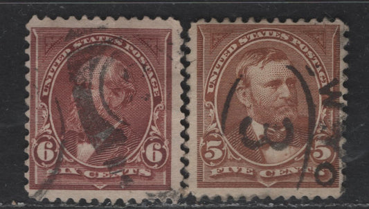 Lot 221 United States Of America SC#255-256 5c-6c Yellow Brown & Dull Brown Grant & Garfield, 1894 Unwatermarked First Bureau Banknote Issue, 2 Fine Used Singles
