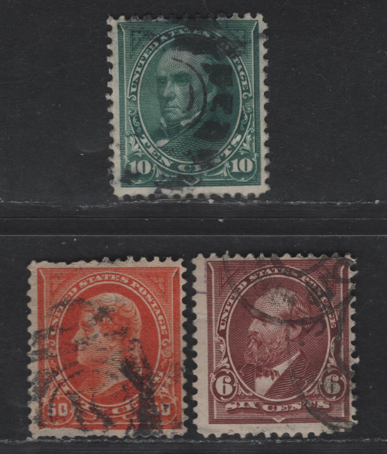 Lot 224 (C) United States Of America SC#256, 258, 260 6c, 10c, 50c Dull Brown, Blue Green & Red Orange Garfield - Jefferson, 1894 Unwatermarked First Bureau Banknote Issue, 3 VG & Fine Used Singles