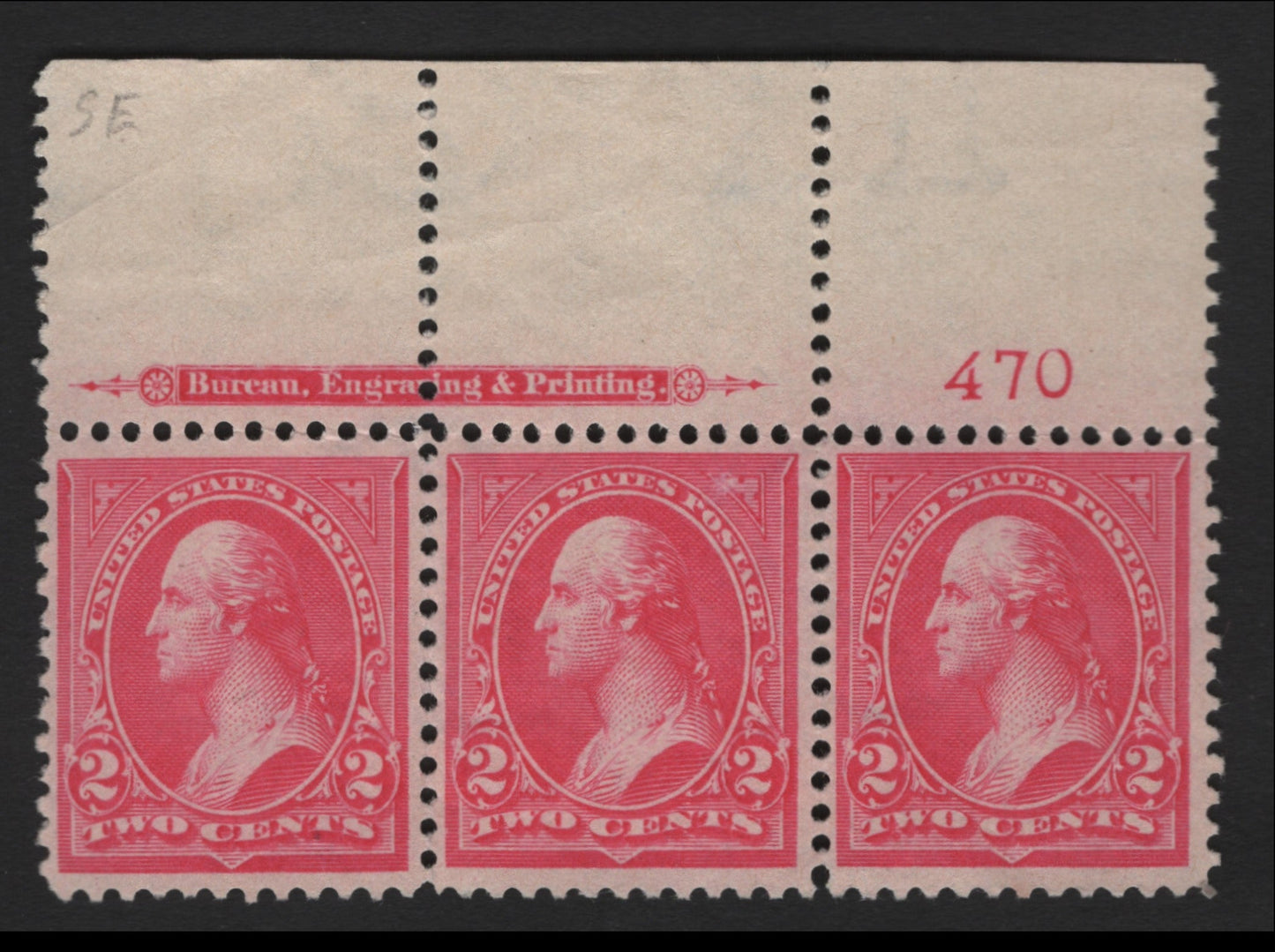 Lot 228 United States Of America SC#267a 2c Pink George Washington, 1895-1903 Watermarked First Bureau Banknote Issue, A VF unused Plate 470 Strip Of 3