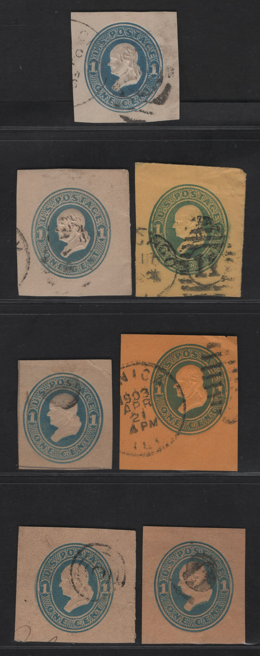 Lot 23 United States SC#U113-U116, U118-U120 1c Blue Washington, 1874-1886 Seventh Nesbitt Issue, 7 Very Fine Used Singles, White, Amber, Orange, Fawn & Manilla Papers, Including the Wrapper