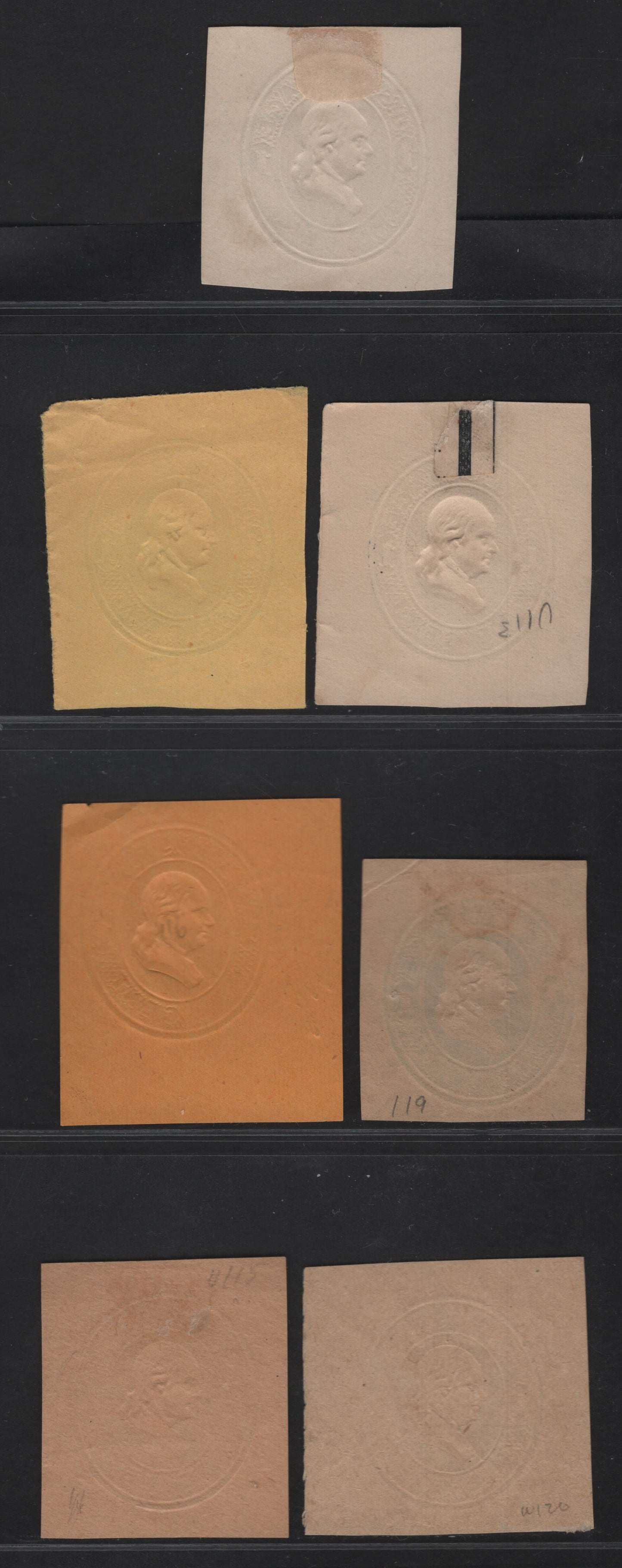 Lot 23 United States SC#U113-U116, U118-U120 1c Blue Washington, 1874-1886 Seventh Nesbitt Issue, 7 Very Fine Used Singles, White, Amber, Orange, Fawn & Manilla Papers, Including the Wrapper