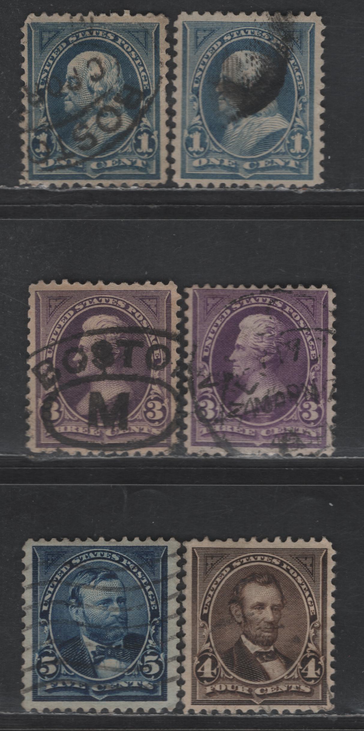 Lot 234 (C) United States Of America SC#264, 268, 269, 281 1c-5c Ultramarine - Dark Blue Franklin - Grant, 1895-1903 Watermarked First Bureau Banknote Issue, 5 VF Used Singles Two Shades Of 1c and 3c